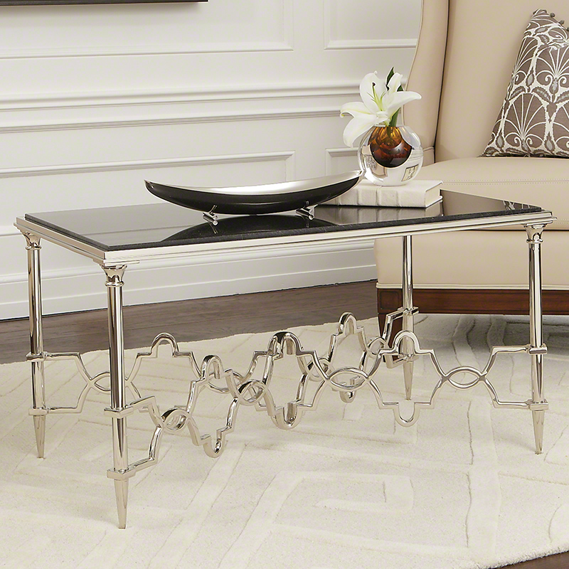 Global Views Quatrefoil Rectangular Table Nickel With Black Granite