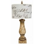 Aged Wood Finish Bannister Lamp With Script Print Linen Shade 