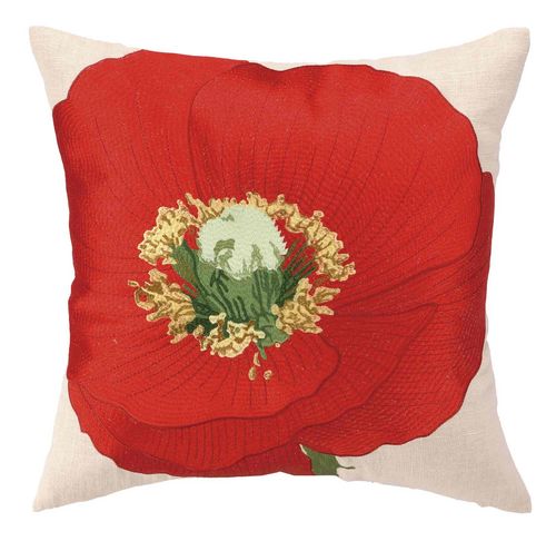 Vivid Red Poppy Embroidered Pillow